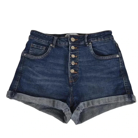 Zara Button Front Denim Jean  Shorts Dark Wash Blue High Rise Size 4 - Picture 2 of 11
